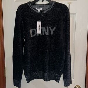 NWT-DKNY-M-black& gray heathered-crewneck, long sleeve, ribbed detail, sweater.